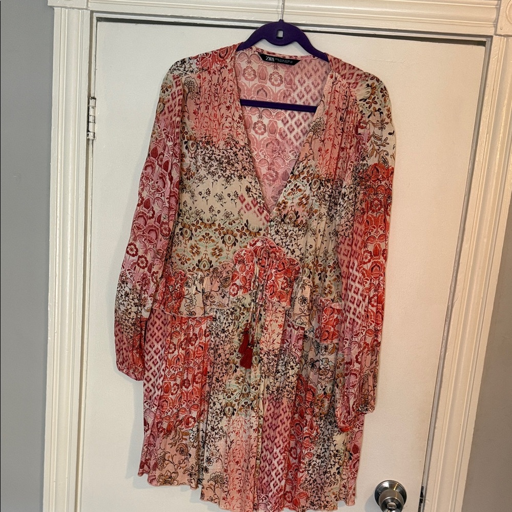 Zara Long Sleeve Floral Patchwork Wrap Dress in Pink and Cream